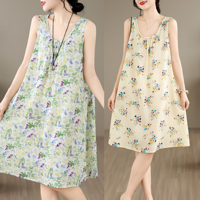 2026 Summer New Sleeveless Cotton and Linen Dress for Women, Loose and Fashionable Printed Tank Dress, Thin Nightgown for Outerwear, Cool and Comfortable