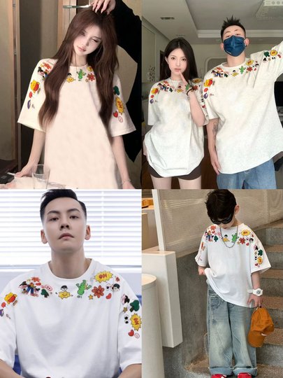 Spezielle Eltern-Kind-Kleidung, eine dreiköpfige Familie, Sommerbaby, Mutter und Tochter, großes Graffiti-Kurzarm-T-Shirt aus reiner Baumwolle