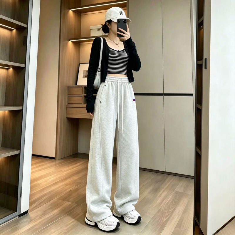Japanese Style Champion Gray Slim-Fit Sweatpants with Drapey Wide-Leg Pants for Women, 2026 New Autumn and Winter Relaxed Fit Wear, Scimitar Pants