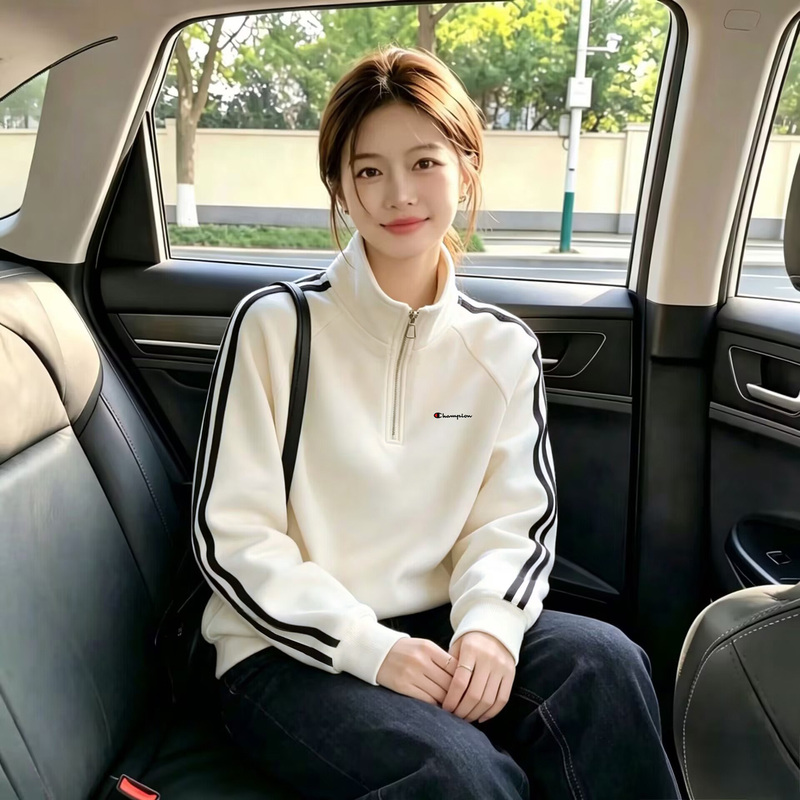 Japanese Style Champion Stand Collar Half-Zip Sweatshirt for Women, Loose Fit, 2026 New Spring and Autumn Couple's White Pure Cotton Casual Jacket Japanese Style Champion Stand Collar Half-Zip Sweatshirt for Women, Loose Fit, 2026 New Spring and Autumn Couple's White Pure Cotton Casual Jacket