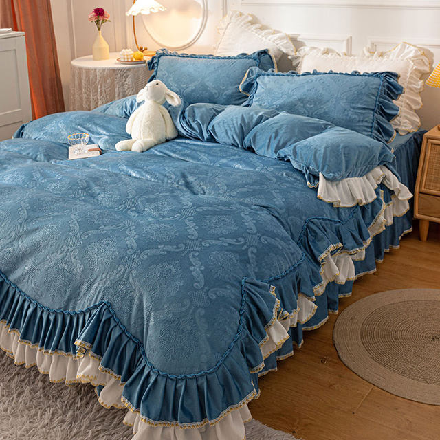 ຜ້າກັນໜາວ velvet plus velvet bed set four-piece, thickened double-sided flannel quilt cover, milk velvet bed skirt, princess style