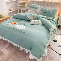Simple ruffled cotton cotton four-piece girl heart embroidery quilt cover Princess wind bed podium bedding