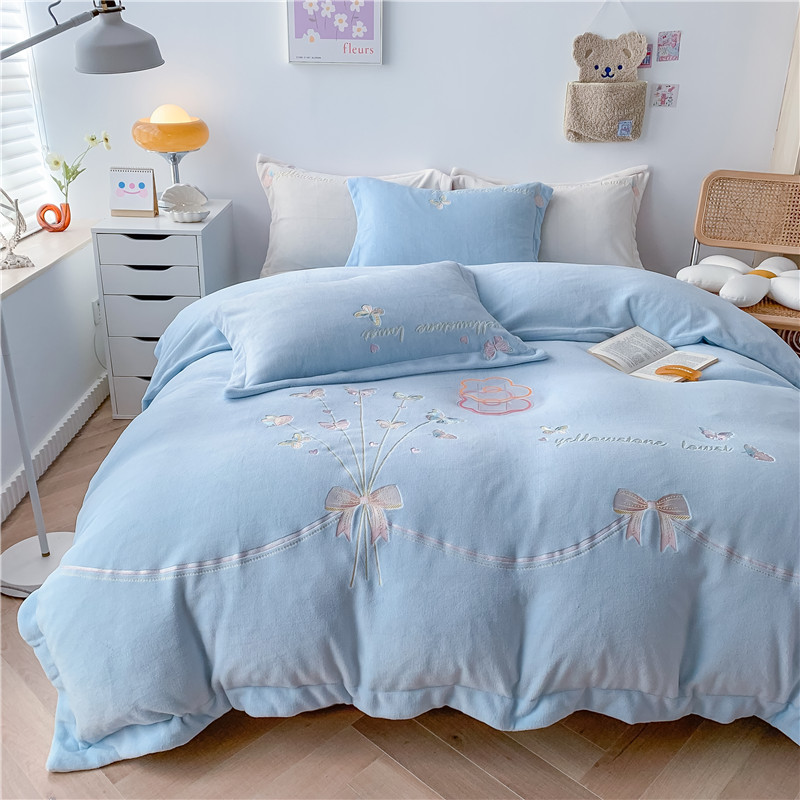 Winter thickened milk velvet bed four-piece set quick warm double-sided coral velvet quilt cover plus velvet bed sheet flannel