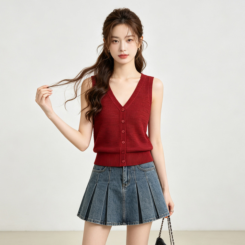 Red V-Neck Single-Breasted Casual Knit Vest for Women, New Spring/Summer Versatile Slim-Fit Sleeveless Top Red V-Neck Single-Breasted Casual Knit Vest for Women, New Spring/Summer Versatile Slim-Fit Sleeveless Top