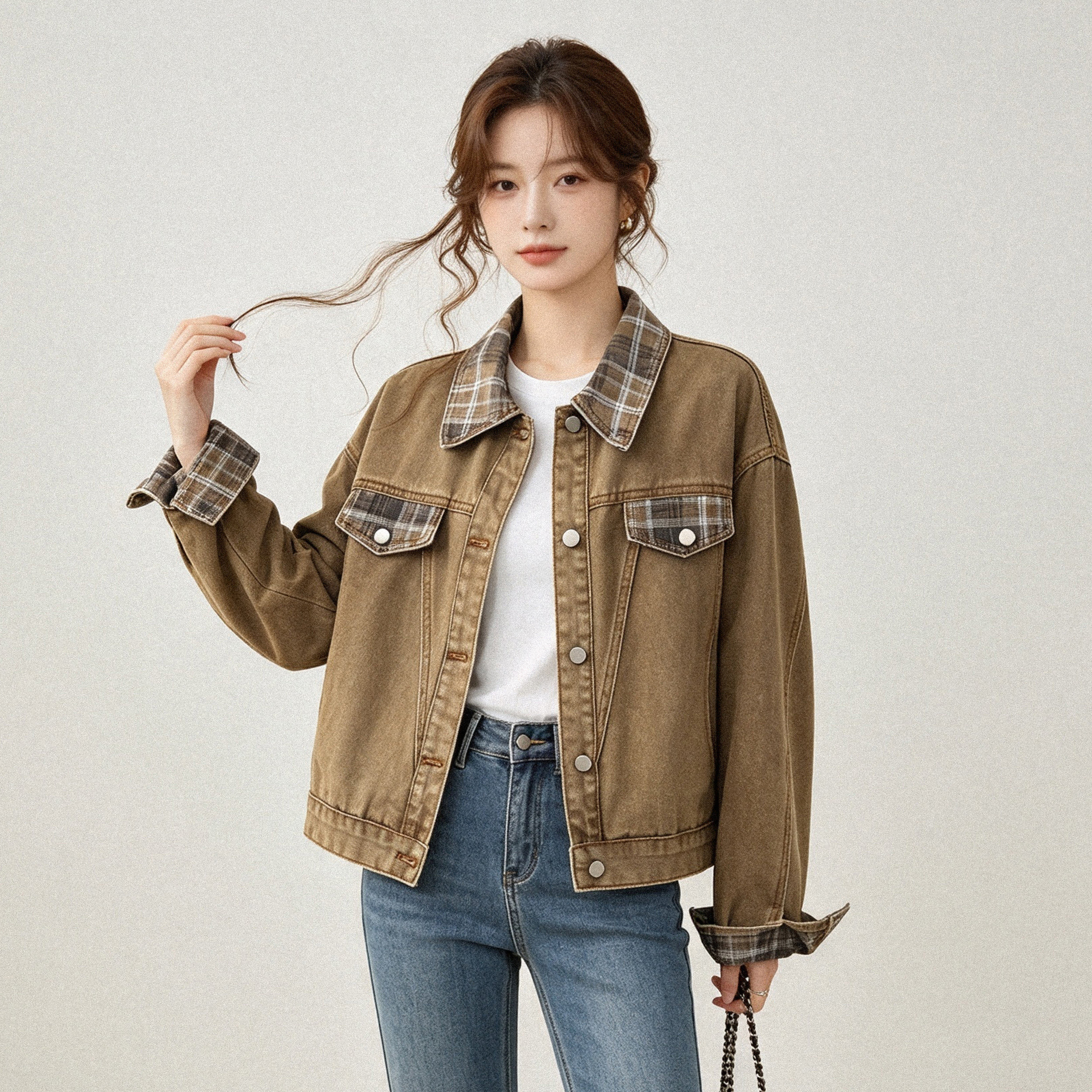 레트로 체크무늬 패치워크 데님 재킷 맨위 여성 2026 봄 가을 새로운 작은 대중 트렌드 다용도 워크웨어 재킷 상세 이미지 6
