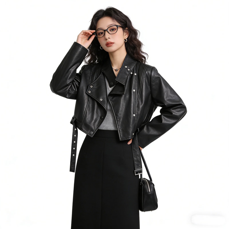 Fashionable Short Leather Jacket for Women 2026 Spring New Hong Kong Style Loose Versatile Slimming Long-Sleeve Leather Jacket