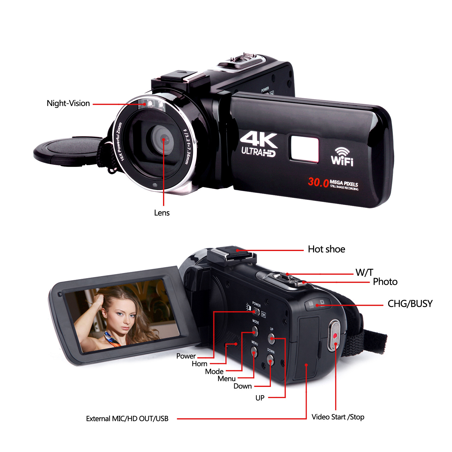 Camera kỹ thuật số tầm nhìn ban đêm của Camry / KOMERY 4K Camera Wi-Fi HD bên ngoài ống kính góc rộng