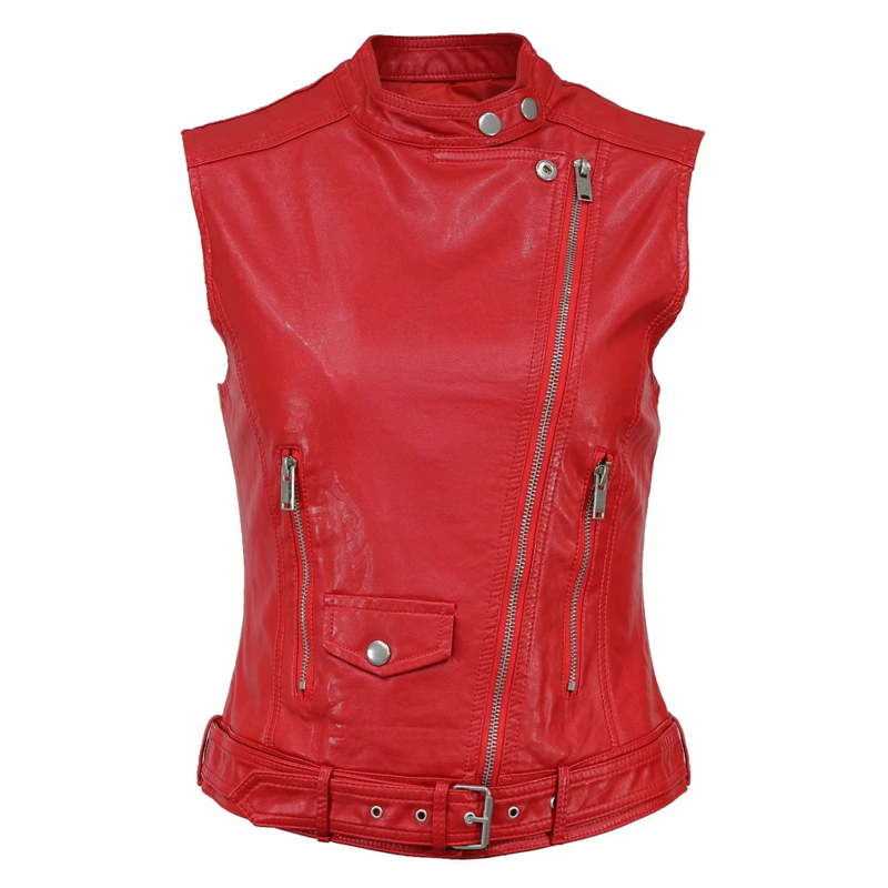 European and American New Style Motorcycle Red Leather Vest Sleeveless Short Stand Collar Versatile Waistcoat Pu Vest Slim Fit High Waist Leather Jacket European and American New Style Motorcycle Red Leather Vest Sleeveless Short Stand Collar Versatile Waistcoat Pu Vest Slim Fit High Waist Leather Jacket