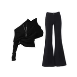 Черный короткий лонгслив, демисезонный свитер, штаны-клёш, комплект, высокая талия