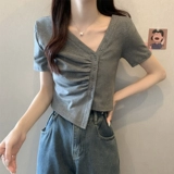 Летняя одежда, футболка с коротким рукавом, V-образный вырез, большой размер