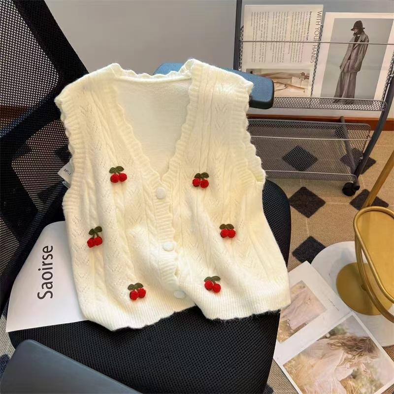Chanel-Style Three-Dimensional Cherry Knit Cardigan for Women, Autumn 2025 New Loose Slimming Sweater Vest