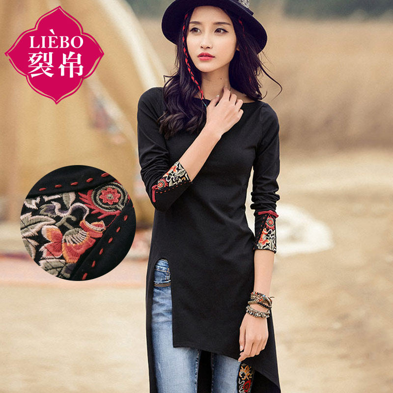 裂帛 国潮刺绣一字领中长款古着感女式T恤 天猫优惠券折后￥79.8包邮（￥129.8-50）