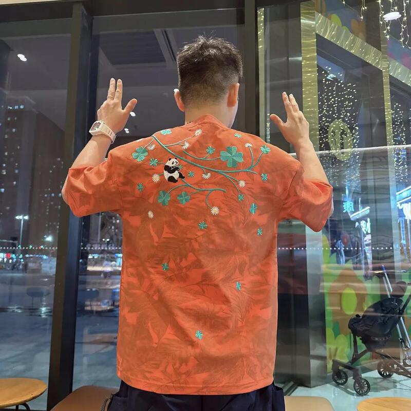 Summer Light Luxury New Trendy Men's Panda Embroidery Crew Neck Casual Short-Sleeve T-Shirt Trendy Fashion Brand