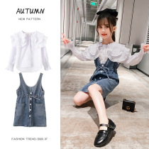  Next alice girls  suit 2021 spring and autumn new Korean Western style childrens denim strap skirt two-piece set