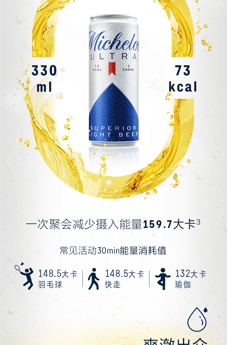 百威 MICHELOB ULTRA 米凯罗 0糖低卡小麦啤酒 330ml*28听 天猫优惠券折后￥146包邮（￥170-24）赠无线跳绳