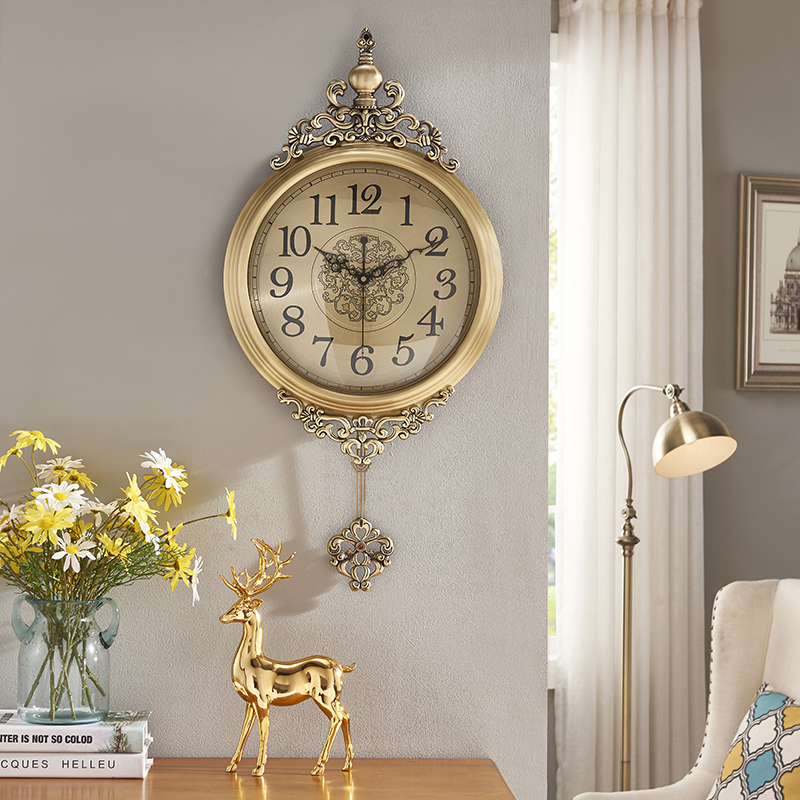 Wall European wall clock home American fashion clock creative living room quartz clock brass color clock mute movement