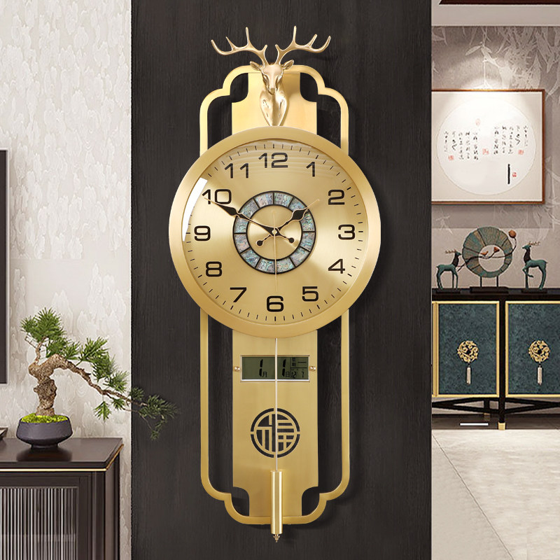 Brass Foe Deer New Chinese Style Clock Hanging Clock Living Room Home Perpetual Calendar Light Extravagant Table Hanging Wall Clock Silent Quartz Clock-Taobao