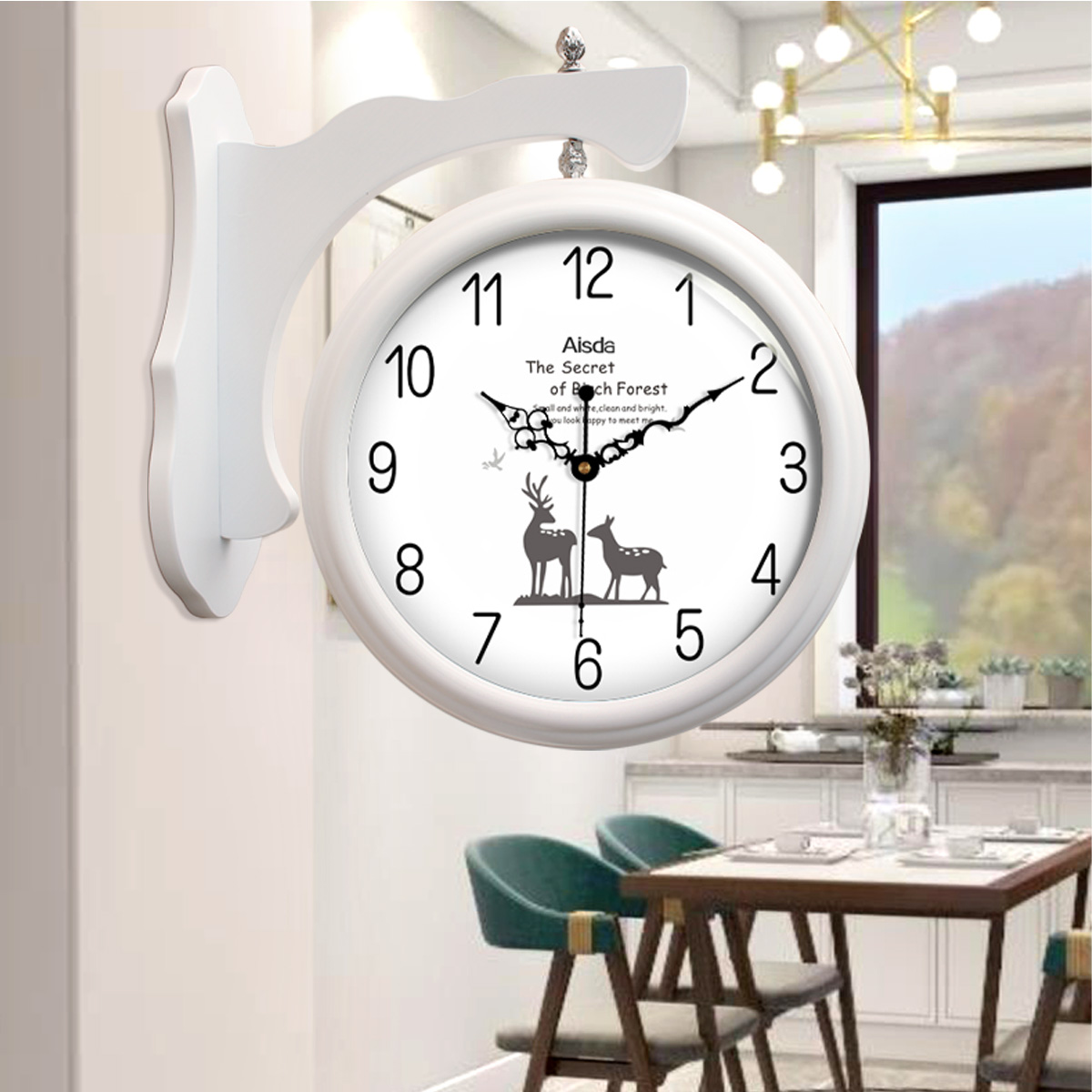 Nordic modern living room solid wood double-sided clock European fashion creative Quartz clock American classic retro silent watch