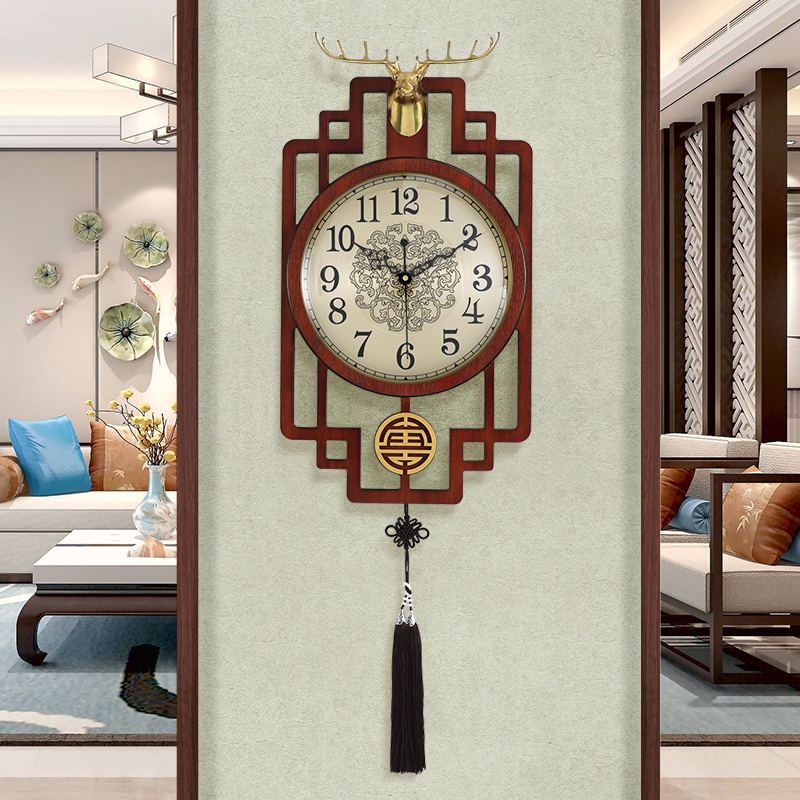 New Chinese style classical wooden wall clock Living room Zen stone clock Fashion deer head gas silent clock Chinese style hanging watch