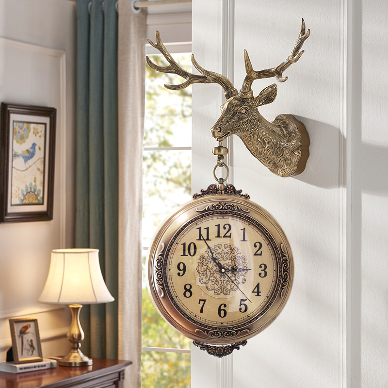 Living room European-style bifacial deer head hanging bell brass color muted American clock home big number decorative two-faced quartz clock