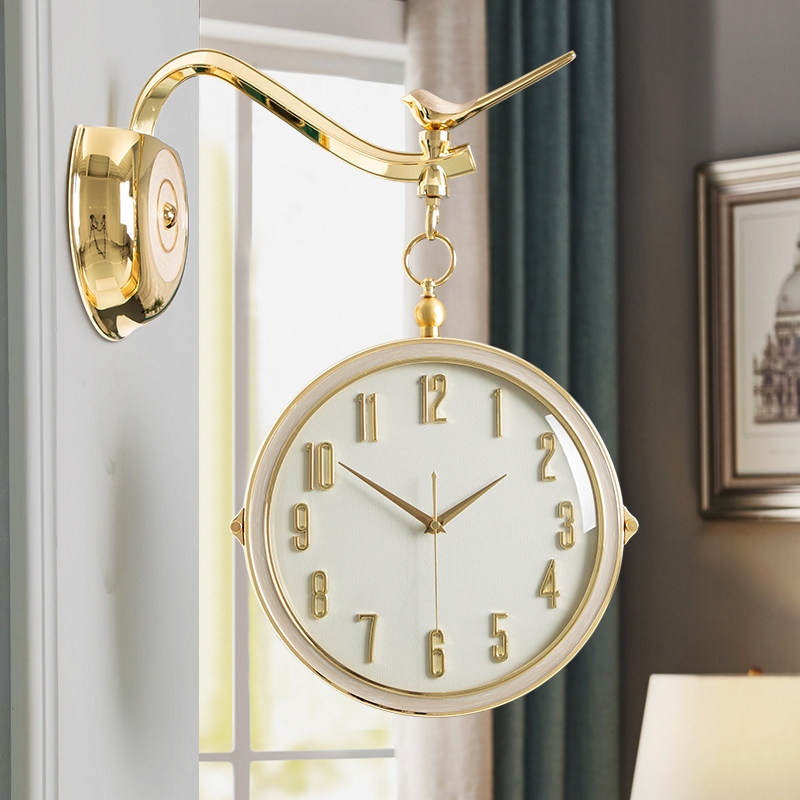 Light extravagant gold plated double-sided clock living room decoration Two sides hanging bell household quartz muted timepiece wall ornament hanging watch-Taobao