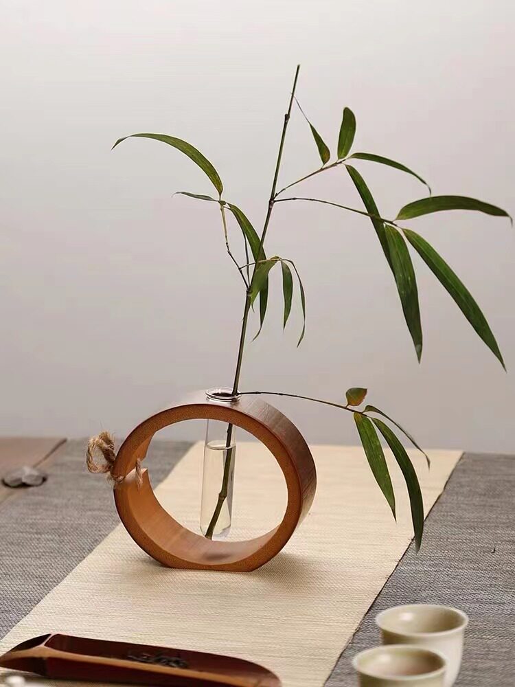 Creative Bamboo Small Vase Chinese Style Retro Mini Floral Zen of Tea Road Desktop Swaying Pieces Flower Arrangements Dried Flower water Bacon-Taobao
