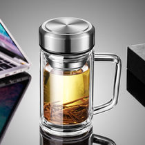 Double-layer glass with handle Office cup Household drinking cup Mens large-capacity tea cup with lid Personal special cup