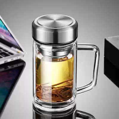 Double-layer glass with handle Office cup Household drinking cup Men's large-capacity tea cup with lid Personal special cup