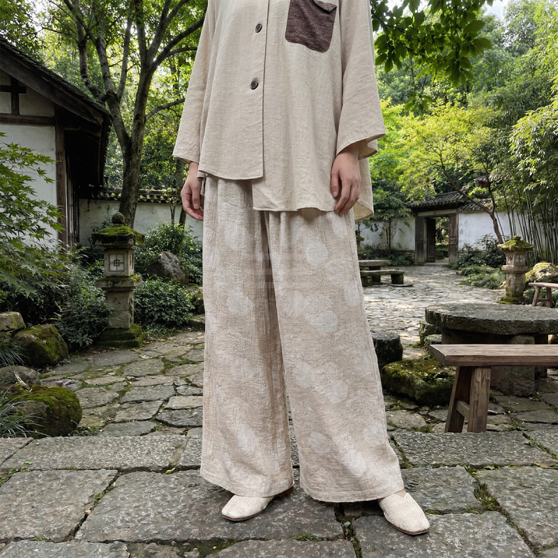 Catalpalew'Guangguanjiu' (Song of Songs) Ecological Aesthetics Zen Skin-Friendly Cotton Rain Dew Linen Abstract Gradient Wide-Leg Pants