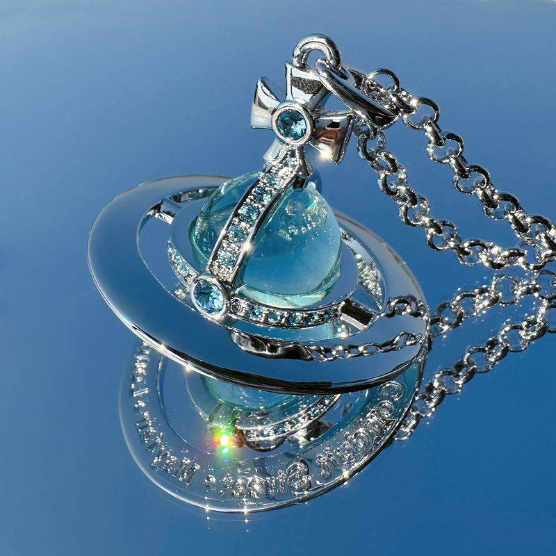Nastyyuki Saturn Orb Large Flying Saucer with Diamond-Encrusted Glass Beads Three-Dimensional Vintage Necklace Sweater Chain