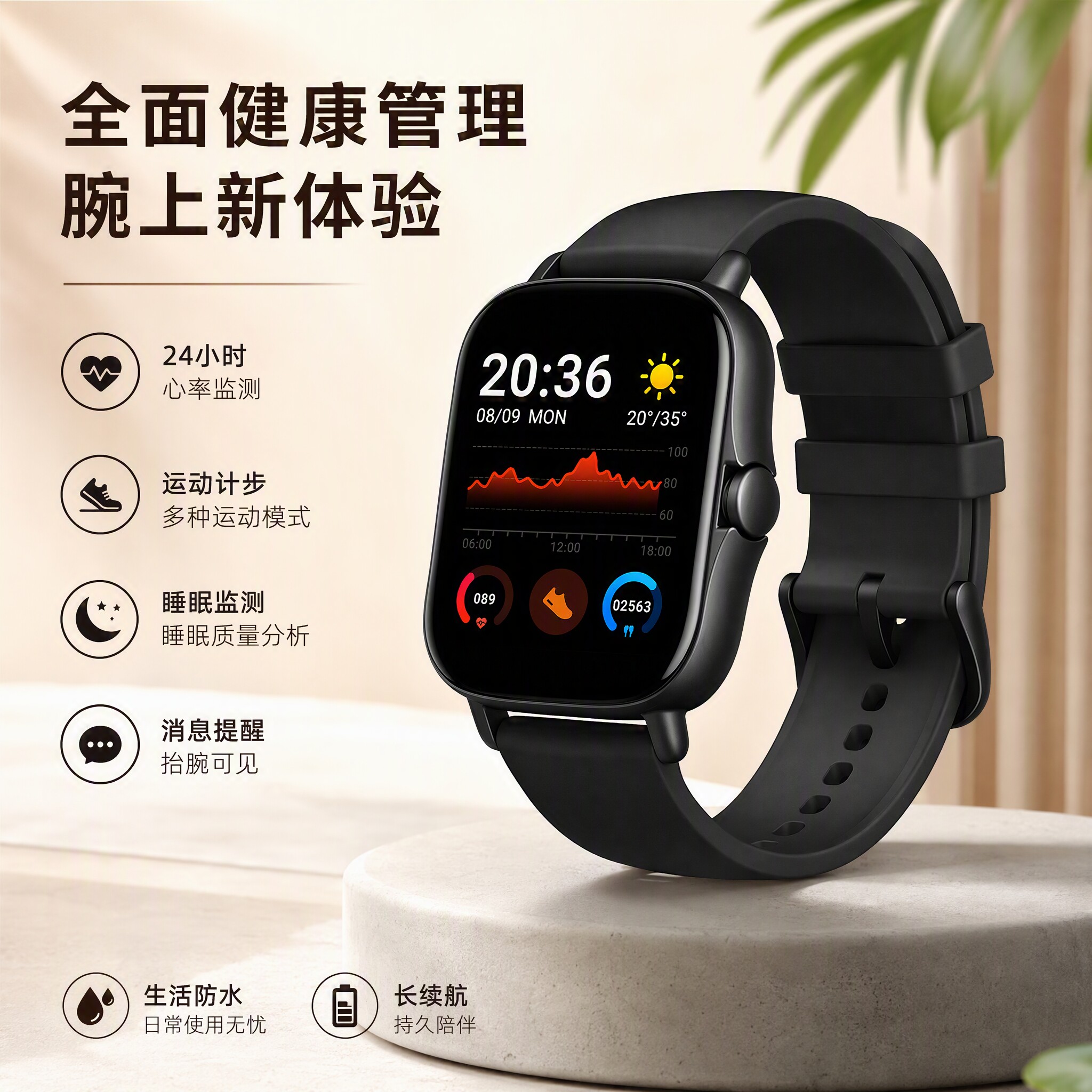智能手表运动表心率监测血压测量黑色方形触屏智能手环多功能简约