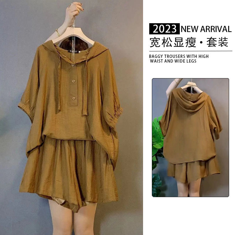Plus Size 150kg Fat mm Hooded Sun Protection Shirt Top and Shorts Two-Piece Set 2025 New Loose Casual Suit