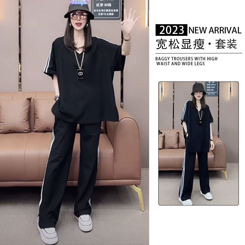 Plus Size 150kg Fat mm Fashion V Neck Sportswear Suit for Women 2025 New Loose Short-Sleeved Wide-Leg Pants Two-Piece Set Plus Size 150kg Fat mm Fashion V Neck Sportswear Suit for Women 2025 New Loose Short-Sleeved Wide-Leg Pants Two-Piece Set