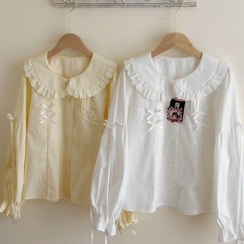 Plus Size 150kg Sweet Girly Style Doll Collar Lace Shirt for Women, Spring and Autumn Long-Sleeved Loose Age-Reducing Top Plus Size 150kg Sweet Girly Style Doll Collar Lace Shirt for Women, Spring and Autumn Long-Sleeved Loose Age-Reducing Top