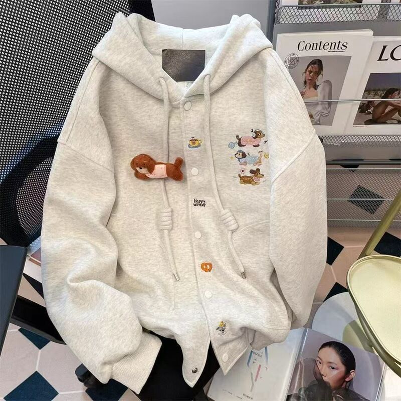 Plus Size 150kg Korean Style Cute Puppy Embroidered Sweatshirt Jacket for Women, Spring and Autumn, Age-Reducing Casual Hooded Cardigan
