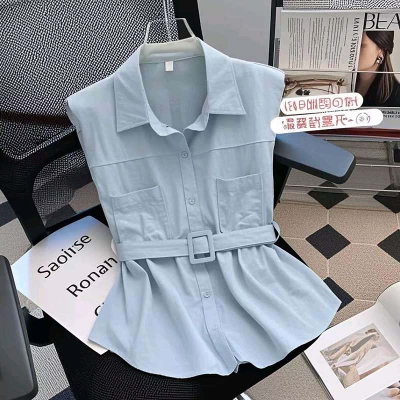 Summer New Korean Style Fashionable Polo Collar Shirt for Women, Sleeveless Waistcoat with Belt, Unique Top Summer New Korean Style Fashionable Polo Collar Shirt for Women, Sleeveless Waistcoat with Belt, Unique Top