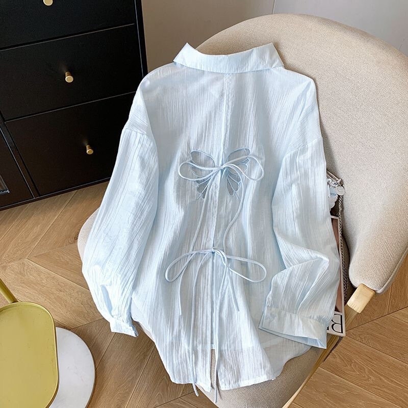 Blue Butterfly Cut-Out Lace-Up Sun Protection Shirt Jacket for Women, Summer 2025 New Loose Thin Shirt Outerwear
