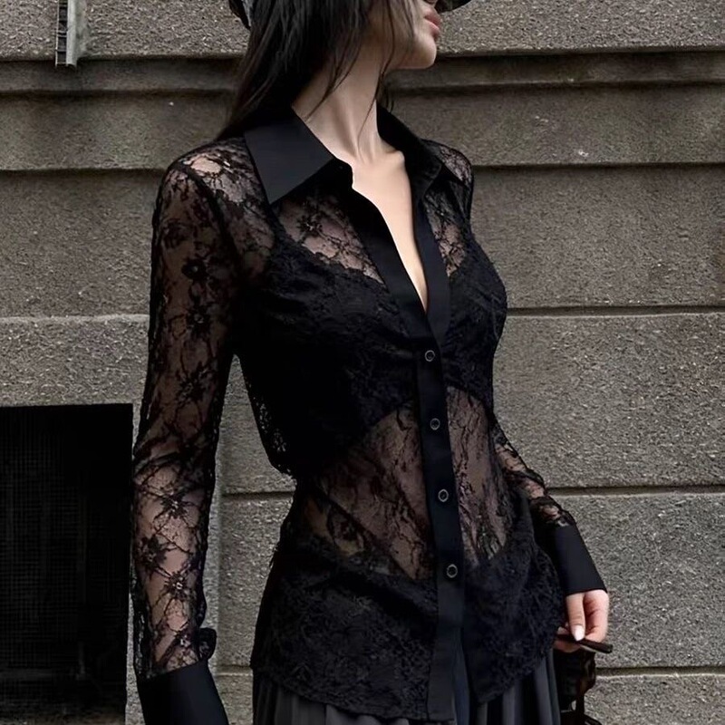 Polo Collar Long-Sleeved See-Through Mesh Thin Sexy Black Lace Patchwork V-Neck Shirt for Women Slim Fit Top Polo Collar Long-Sleeved See-Through Mesh Thin Sexy Black Lace Patchwork V-Neck Shirt for Women Slim Fit Top