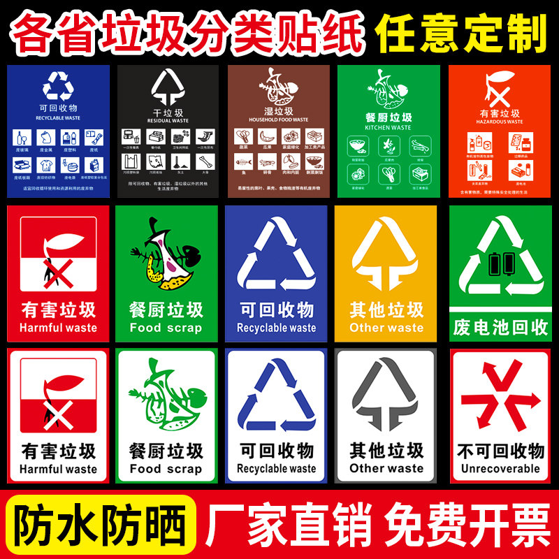 Garbage classification stickers Cartoon kindergarten wet and dry garbage Harmful kitchen waste recyclable garbage can not go home with trash can identification stickers Shanghai Guangzhou garbage classification logo tip board