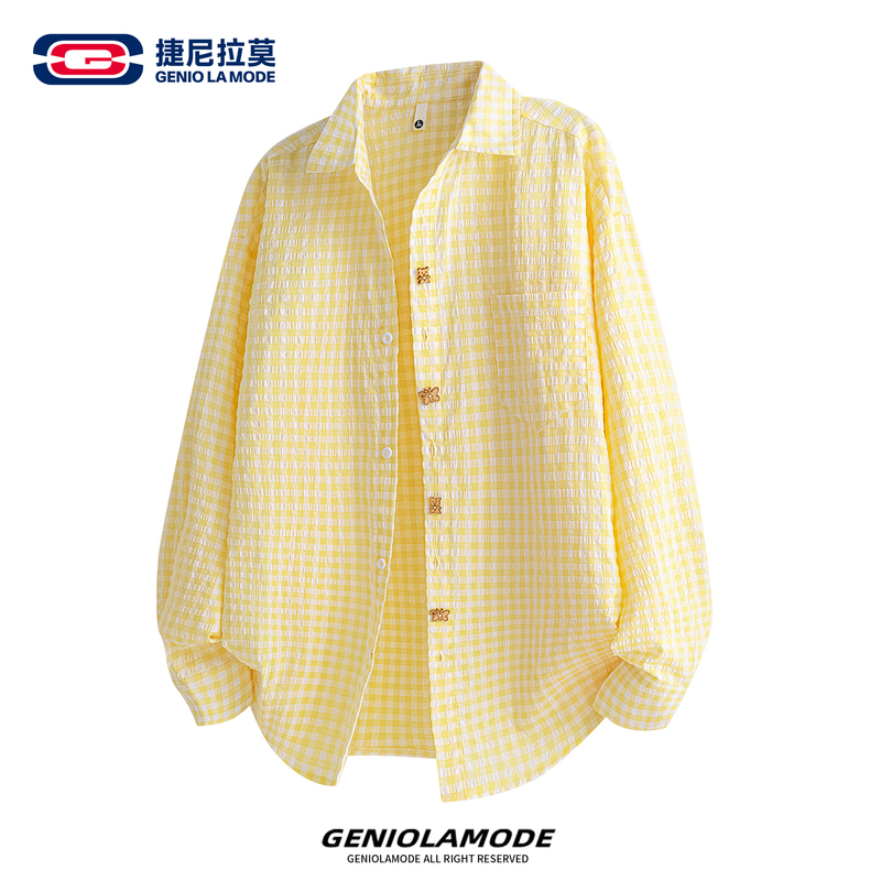 Geniolamode Fun Button Dopamine Plaid Shirt Long-Sleeved Unisex Spring Thin Bubble Gauze Shirt