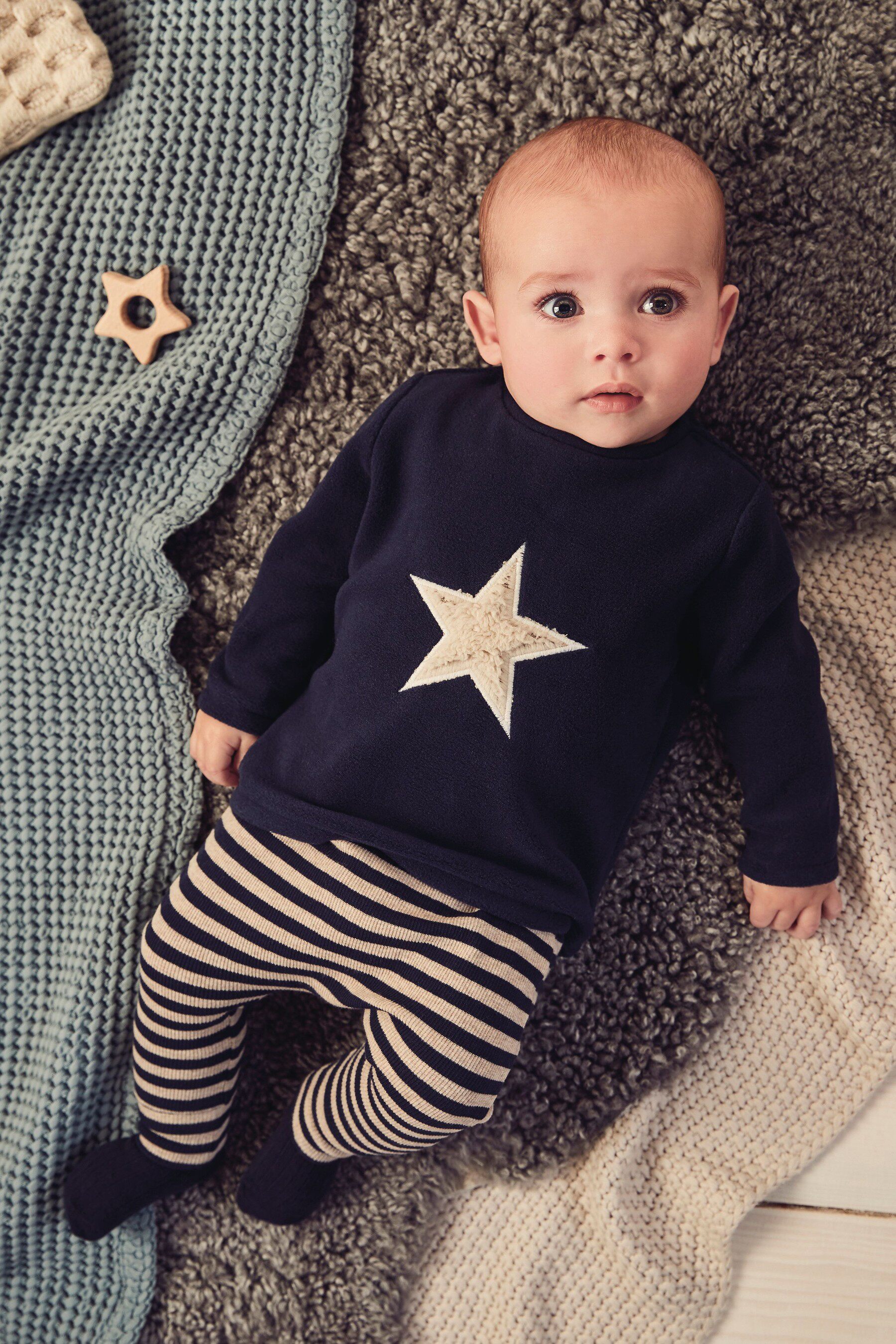 British NEXT Children's Baby's Baby's Long Sleeve Baby Baby Blue Star Satellite Strip Trousers 2 pieces of autumn