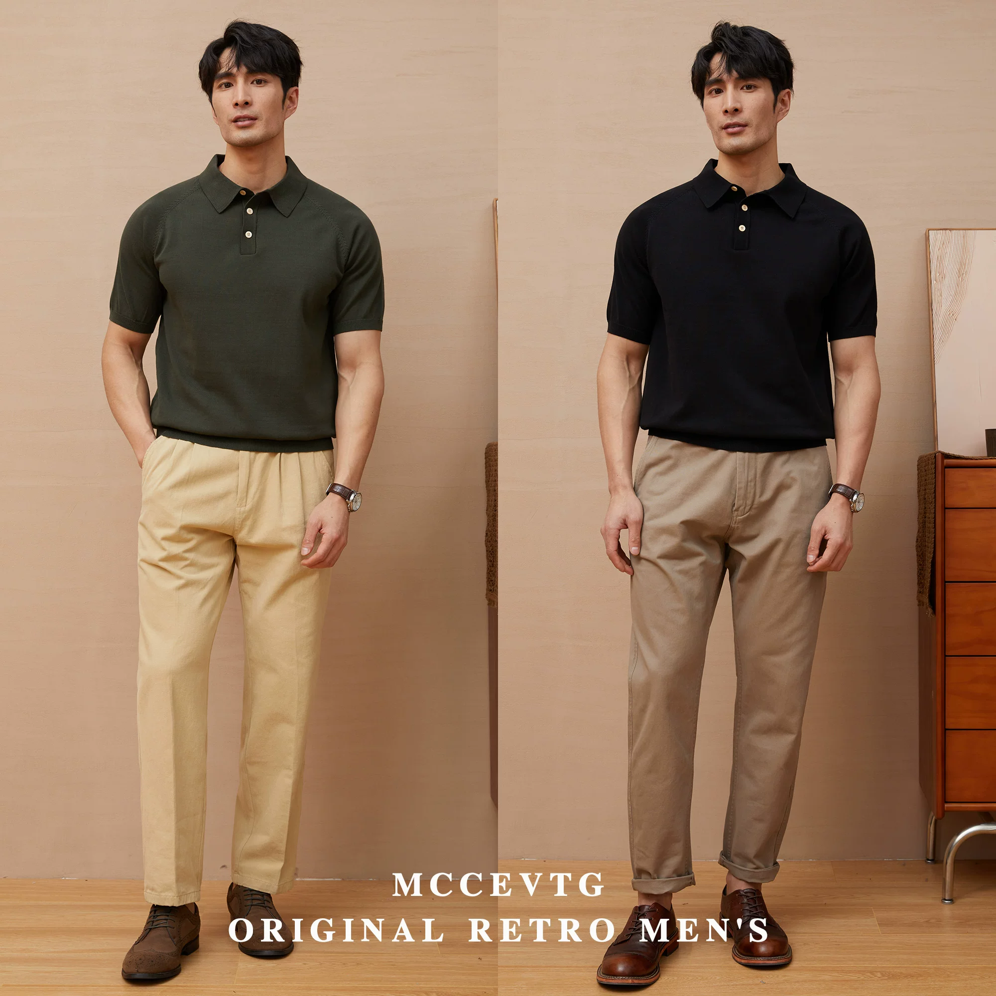 MCCEVTG Knitted polo, retro summer T-shirt, American style, with short sleeve