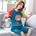 Bộ đồ ngủ màu đỏ lưới của phụ nữ mùa hè, quần dài ngắn tay bằng cotton, bộ đồ hai mảnh của phụ nữ mùa hè bùng nổ phần mỏng học sinh trung học - Bộ Pajama