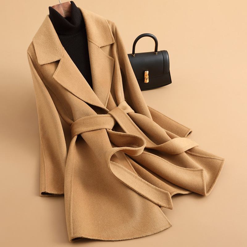 2026 Autumn and Winter Double-Sided Cashmere Coat Women's Waist-Tie Camel Wool Woolen Short Coat 2026 Autumn and Winter Double-Sided Cashmere Coat Women's Waist-Tie Camel Wool Woolen Short Coat