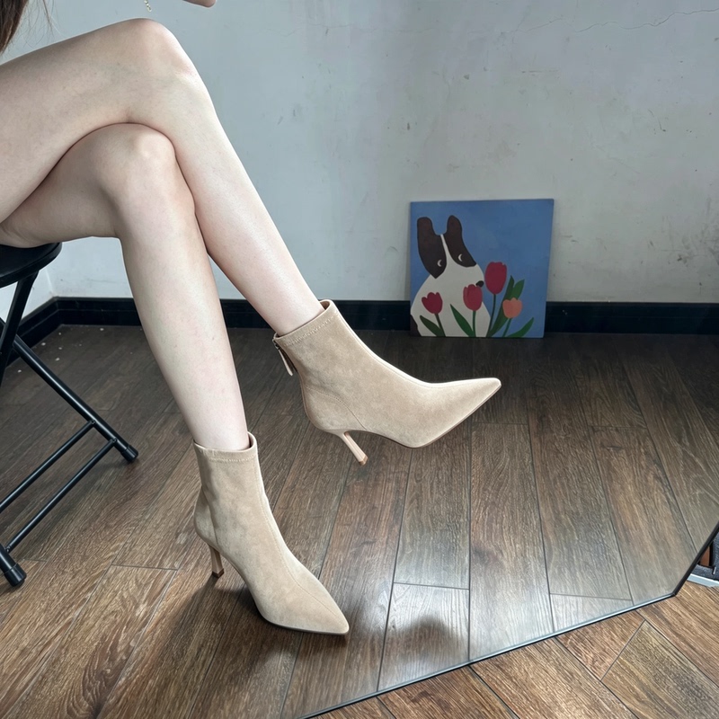 Boots 2026 Autumn and Winter New Style Pointed Toe Slim Boots Elastic High-Heeled Short Boots Thin Heel Long Tube Fleece-Lined Sock Boots Elegant Boots 2026 Autumn and Winter New Style Pointed Toe Slim Boots Elastic High-Heeled Short Boots Thin Heel Long Tube Fleece-Lined Sock Boots Elegant