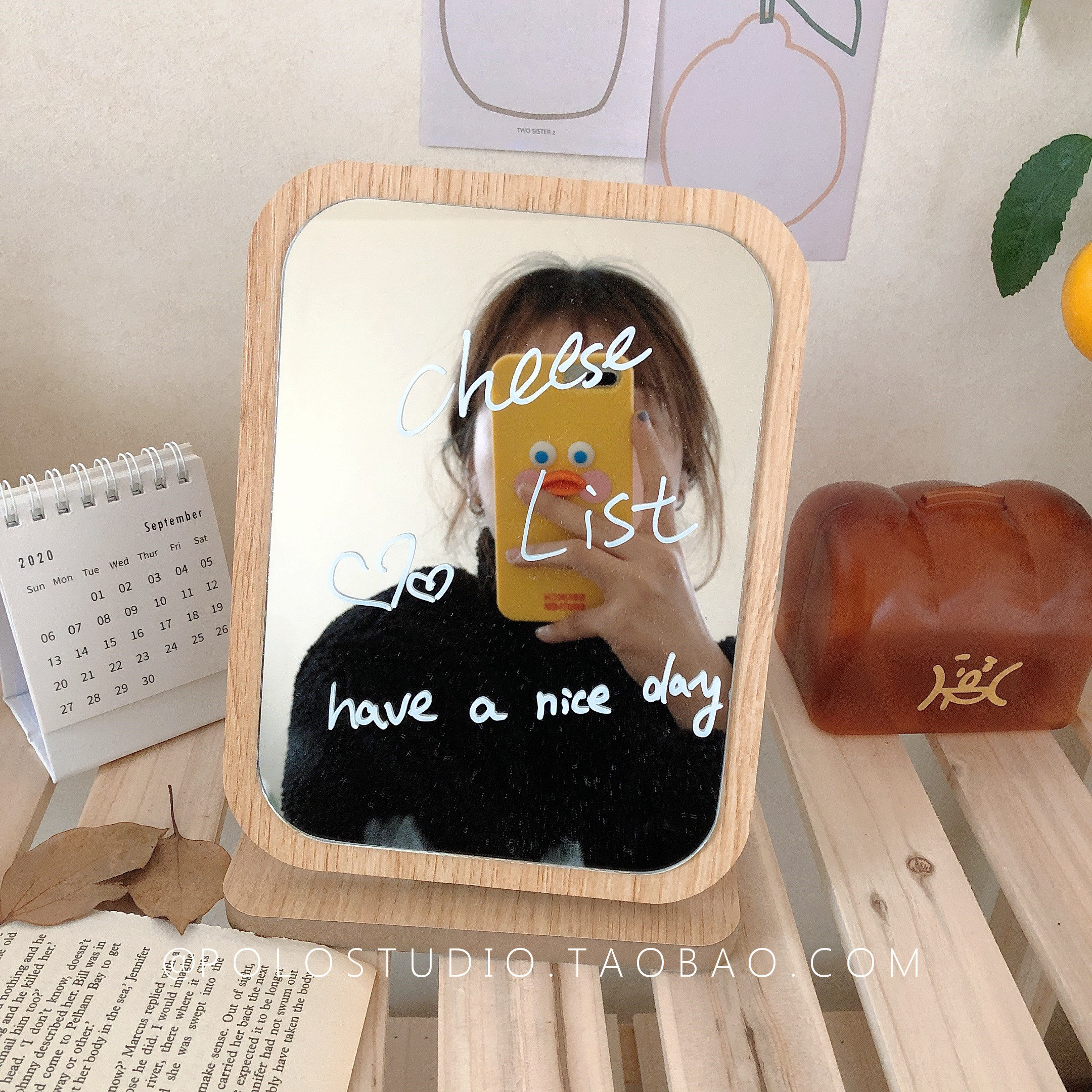 South Korean ins minimalist net red Wooden Portable Pendulum Table Mirror Makeup Mirror Cosmetic Mirror Cosmetic Mirror Send Macpen