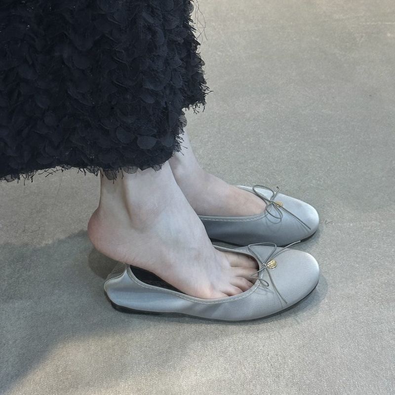 Wheat House ~! Super Soft Satin Ballet Shoes with Bow, Women's French Round-Toe Shallow Flat Shoes