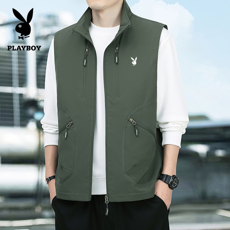 Playboy Spring and Autumn Men's Sports Vest Sleeveless Workwear Vest Fleece-Lined Stand Collar Vest Jacket Trendy Playboy Spring and Autumn Men's Sports Vest Sleeveless Workwear Vest Fleece-Lined Stand Collar Vest Jacket Trendy
