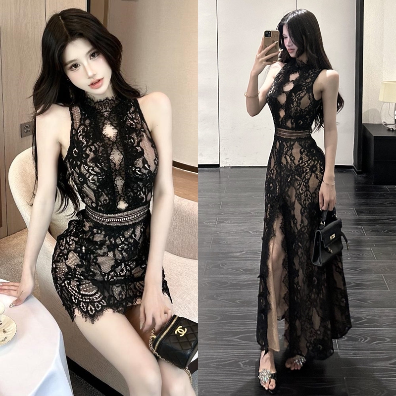 Purely Sensual Sexy Hot Girl Sleeveless Dress Women's 2026 Summer New Style Hollow Lace Long Dress Slit Tank Dress
