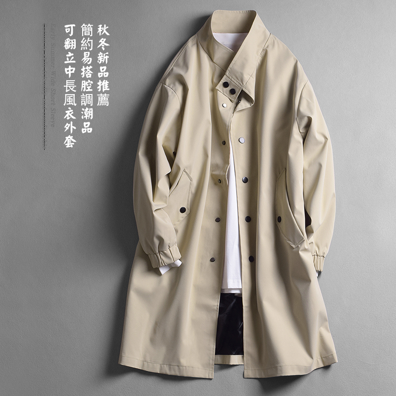春の薄手メンズミドル丈スタンドカラーシングルブレストウィンドブレーカーゆったりカジュアルプラスサイズラペルジャケット英国スタイル